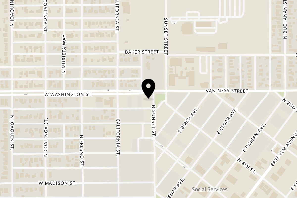 Map showing the location of Rico's Restaurant on 795 N Sunset St in Coalinga